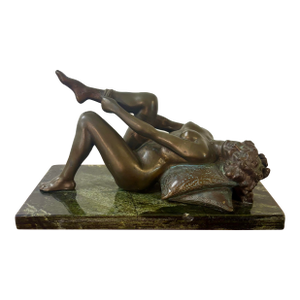 1910s Louis Chalon Bronze Nude Woman Sculpture Putting on Stockings on Marble Base