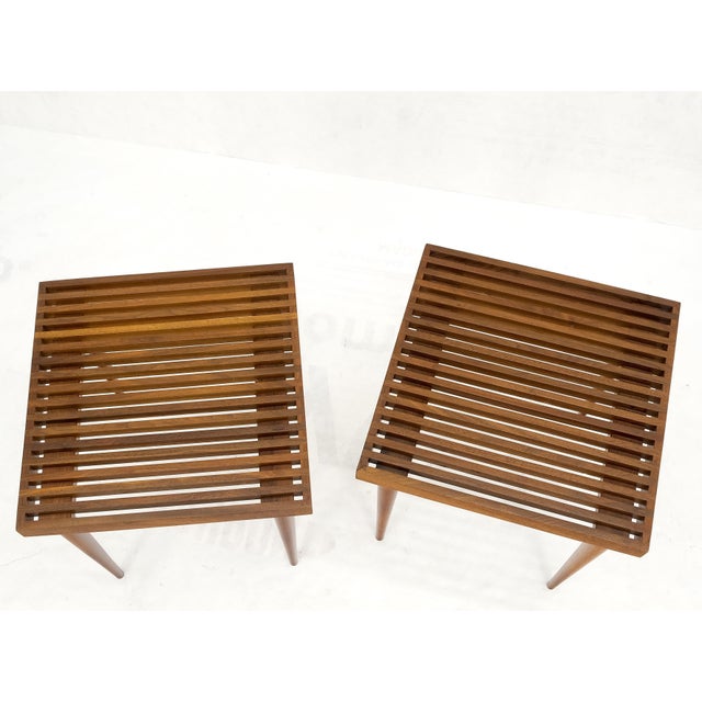 Pair Square Mel Smilow Slatted Solid Walnut Modern Benches Side Tables MINT! For Sale - Image 10 of 11