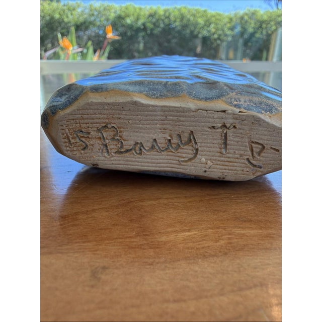 1980s 1980s Signed Studio Pottery Flask 7.5” Blue & Amber Textured Art Pottery w Cork For Sale - Image 5 of 7