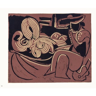1962 Pablo Picasso Linocut Engraving "Reclining Woman and Picador With Guitar" For Sale