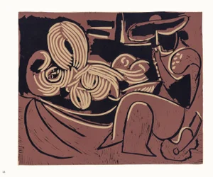 1962 Pablo Picasso Linocut Engraving "Reclining Woman and Picador With Guitar"