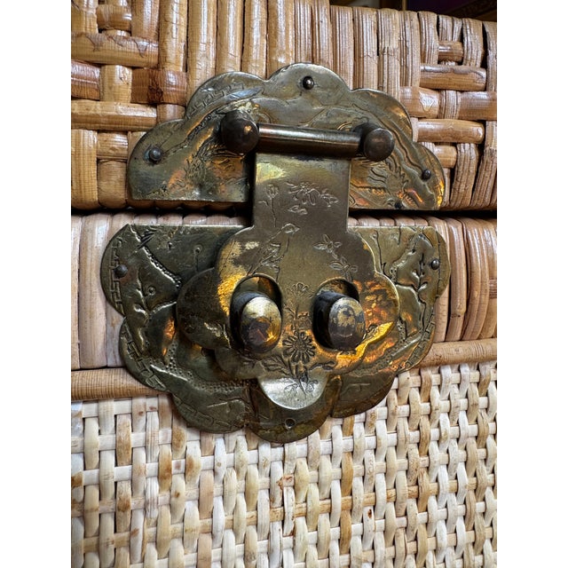 Mid 20th Century Vintage Asian Woven Rattan & Bamboo Blanket Chest With Brass Hardware For Sale - Image 5 of 12