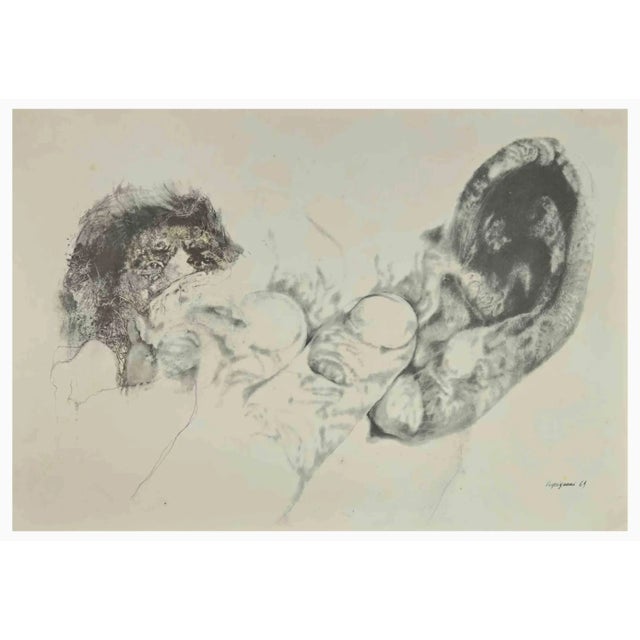 Modern After Renzo Vespignani, Portrait and Hand, Phototype Print, 1960s For Sale - Image 3 of 3