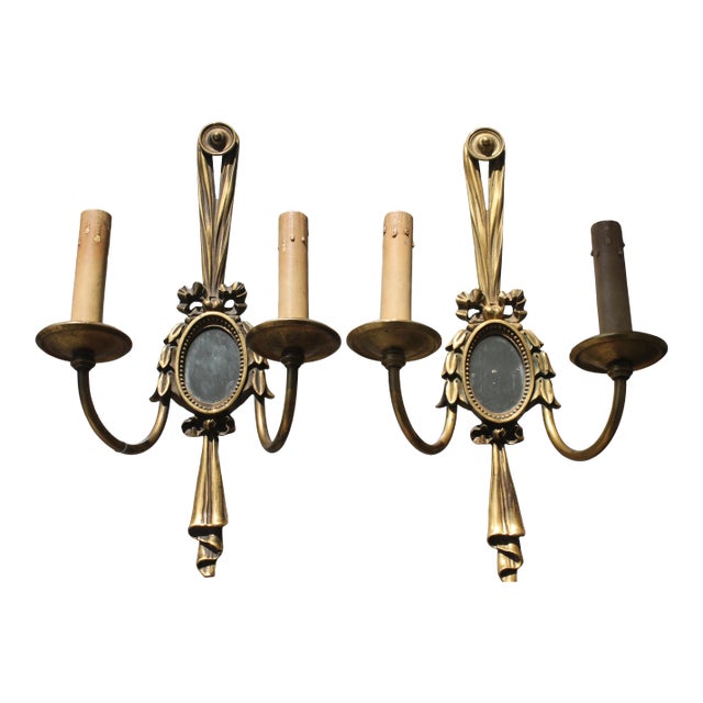 C1913 e.f. Caldwell Bronze/ Mirror & Draped Swag Neoclassic Wall Sconces a - Pair For Sale