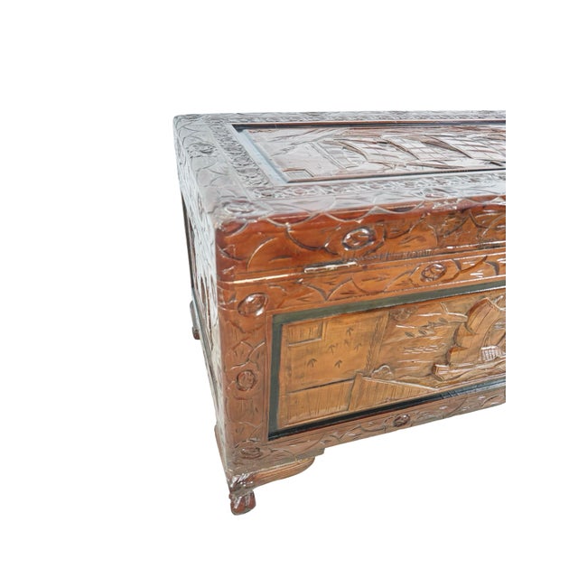 Vintage Asian Carved Wood Storage Chest With Figural Relief Panels For Sale - Image 16 of 18
