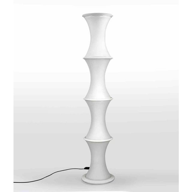 Bamboo floor lamp realized by Enrico Tronconi for Vistosi, Murano, in 1970s. Painted metal and incamiciato lattimo glass....