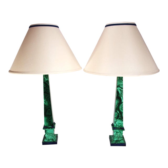 Pair Vintage Malachite Stone Lamps With Lapiz Lazuli Accents For Sale