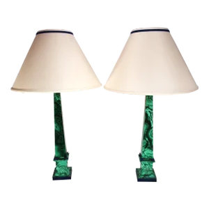 Pair Vintage Malachite Stone Lamps With Lapiz Lazuli Accents