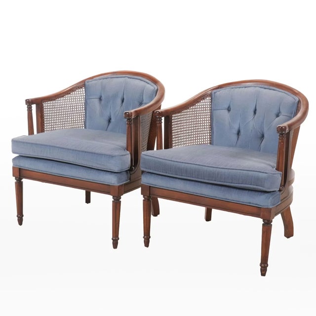 1990s Cane and Upholstered Club Accent Barrel Chairs a Pair For Sale - Image 17 of 17