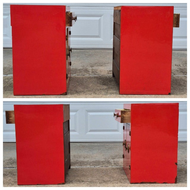 Red Mid Century Modern Asian Orange Red Laminate Cabinets Nightstands Side End Tables - A Pair For Sale - Image 8 of 12