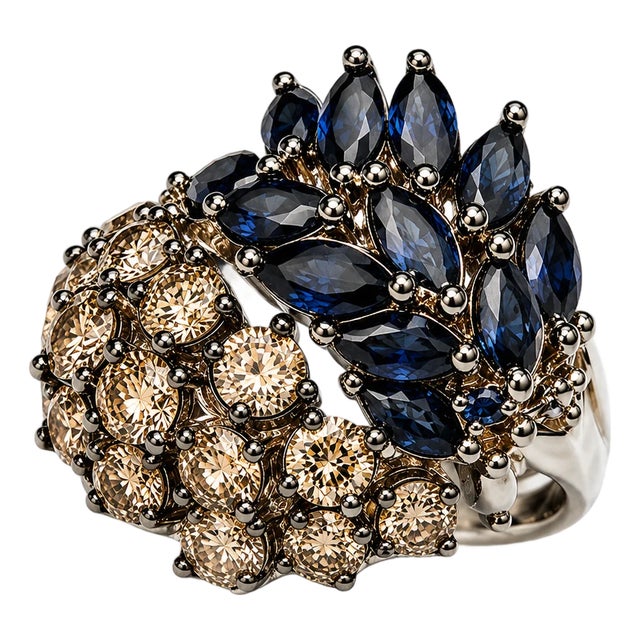 Late 20th Century 18K White & Blackened Gold Designer Champagne Diamond Sapphire Wide Band Ring For Sale