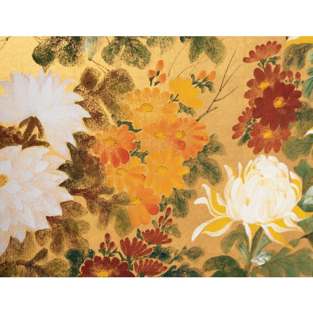 "Autumn Flowers" by Kazuko Chiyo Sasaki, C. 1960s Painted Silk Byobu Screen For Sale - Image 9 of 17