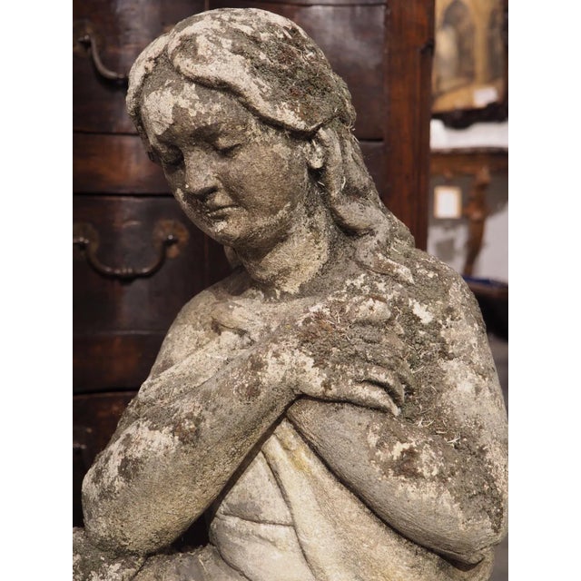 Carved Italian Limestone Statue of a Woman Holding a Bird For Sale - Image 4 of 13