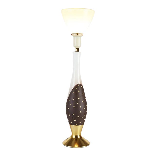 Tall Brown Dots Porcelain Table Lamp With Torchiere Shade For Sale