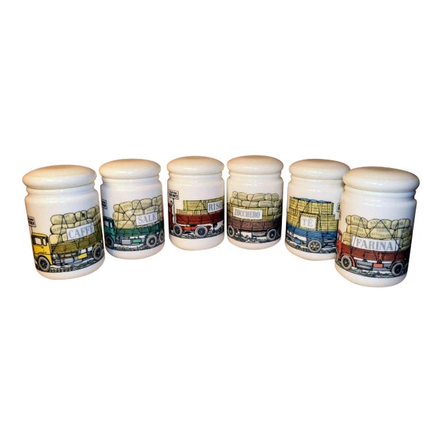 Piero Fornasetti Opaque White Glass Jars and Covers made for Fiat - Set of 6 For Sale