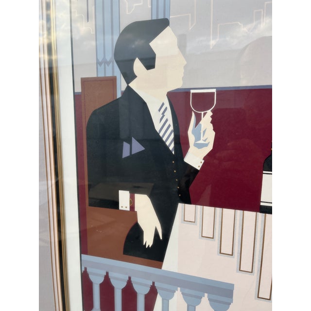 Large 1980s Art Deco Revival Framed Silkscreen "Rendezvous" Signed by the Artist. For Sale - Image 12 of 18