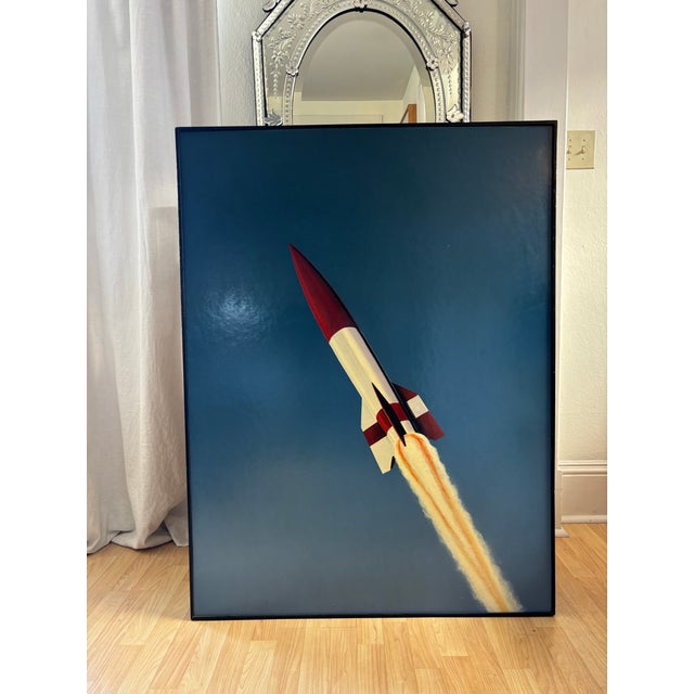 Late 20th Century Late 20th Century Large Vintage Illustration Painting of a Rocket Oil on Masonite Framed For Sale - Image 5 of 8