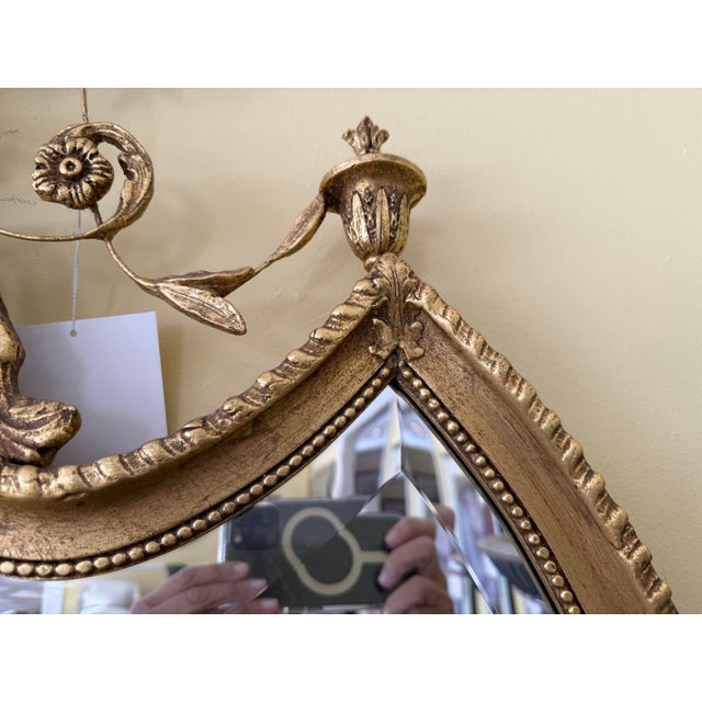 Giltwood Neoclassical Shield Wall Mirror With Urn Crest and Ornate Ribbon Swag For Sale In New York - Image 6 of 6