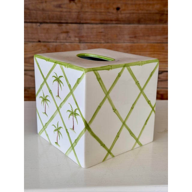 Italian Palm Tree Lattice Ceramic Tissue Box Cover by Mane Lion For Sale In Naples, FL - Image 6 of 10