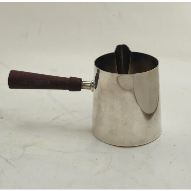 Wood 1950s Mid Century Modern P M Italy Silverplated Brass Coffee Pot, Creamer and Sugar Bowl, With Tray - 4 Piece Set For Sale - Image 7 of 15