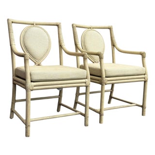 Vintage Ficks Reed Rattan Dining Armchairs With Teardrop Upholstered Backs, a Pair For Sale