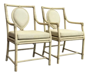 Vintage Ficks Reed Rattan Dining Armchairs With Teardrop Upholstered Backs, a Pair