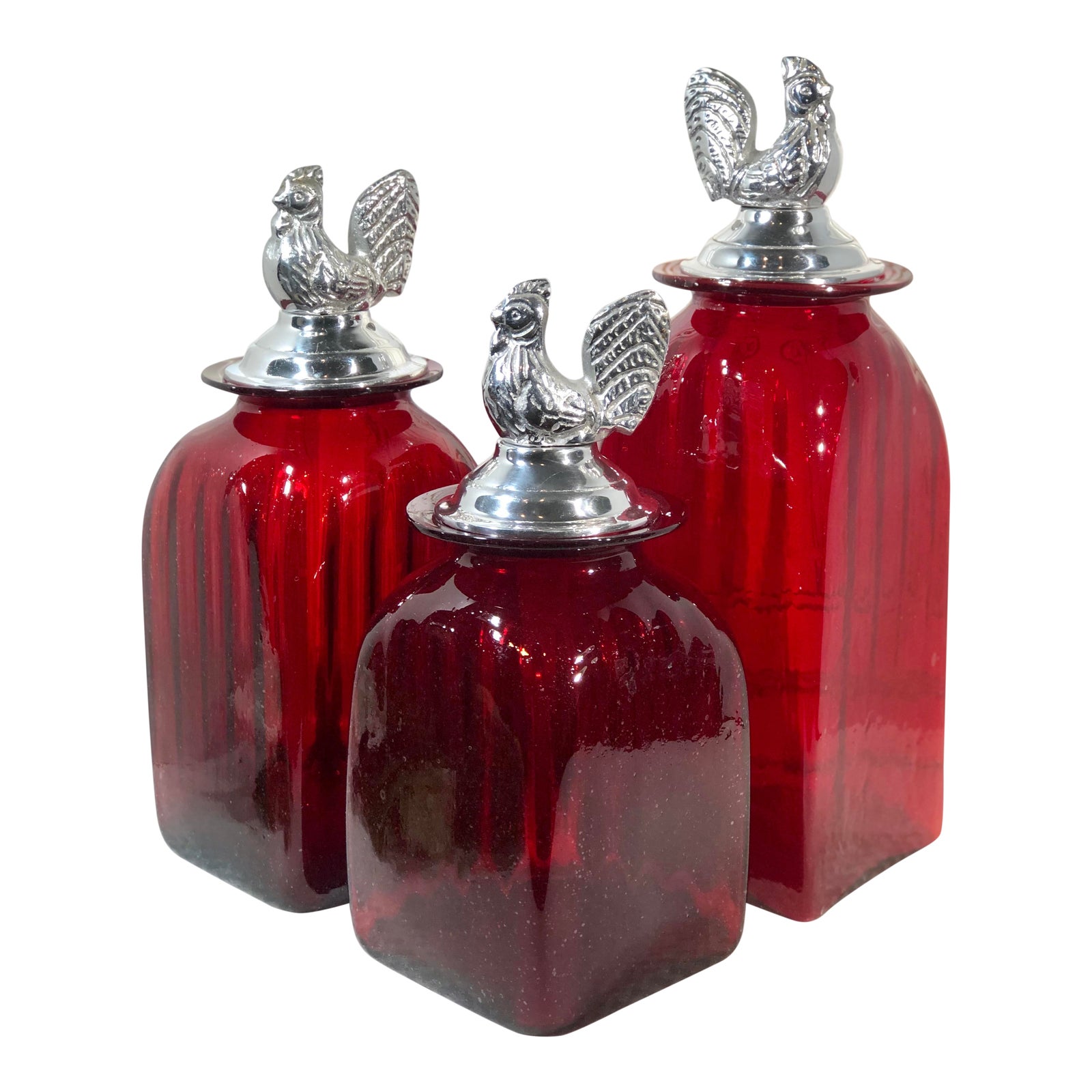 Mexican Hand Crafted Red Glass Pewter Rooster Lid Canisters Kitchen Set