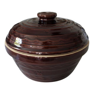 Antique Glazed Stoneware Casserole Dark Brown/Stamped For Sale