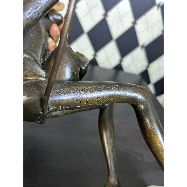 Bronze Signed Gustavo Gutierrez Bronze Harlequin Musician Sculpture on Marble Base, Edition 7/10 For Sale - Image 8 of 18