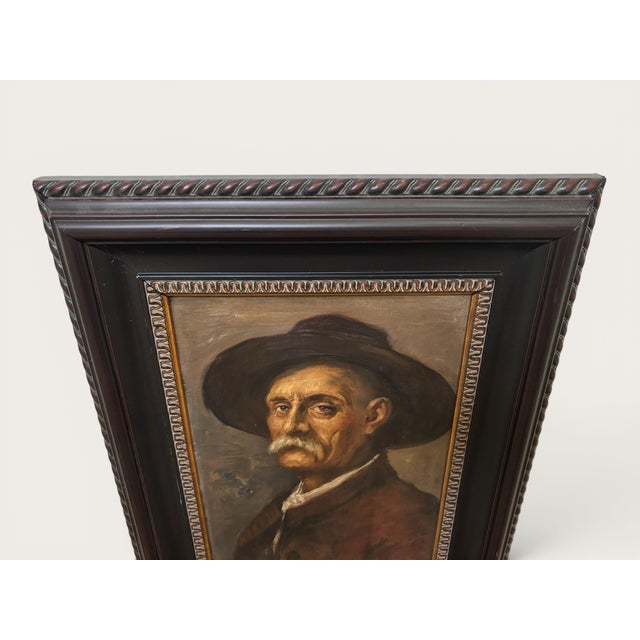 Original Antique European Moody Oil Portrait Painting of Gentleman in Hat Circa 1937 For Sale - Image 9 of 12
