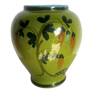 Vintage Italian Hand Painted Green Porcelain Vase For Sale