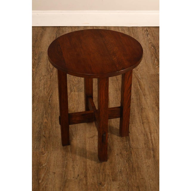 High Quality American Made Arts And Crafts Style Oak Lamp Table Featuring A Round Top Supported With Cross Stretcher Base....