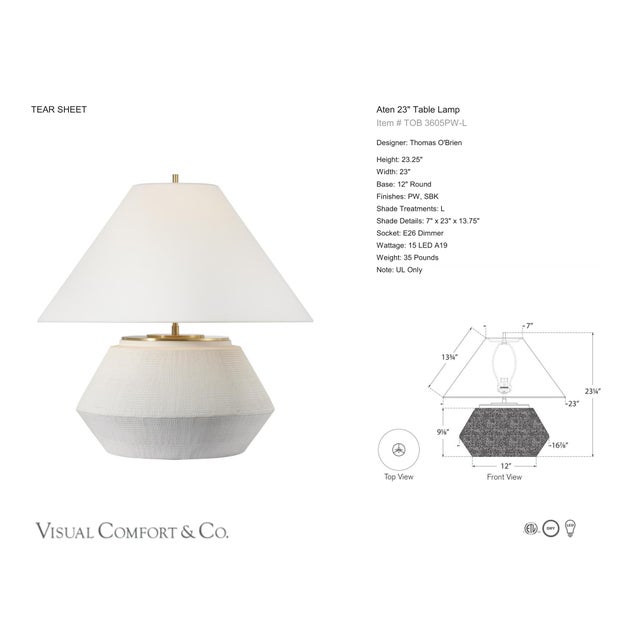 Thomas O'Brien by Visual Comfort Signature Aten 23" Table Lamp in Plaster White with Linen Shade Designer: Thomas O'Brien...