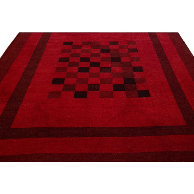 Modern Modern Kilim Flatweave Chess Pattern Red Wool Rug For Sale - Image 3 of 11