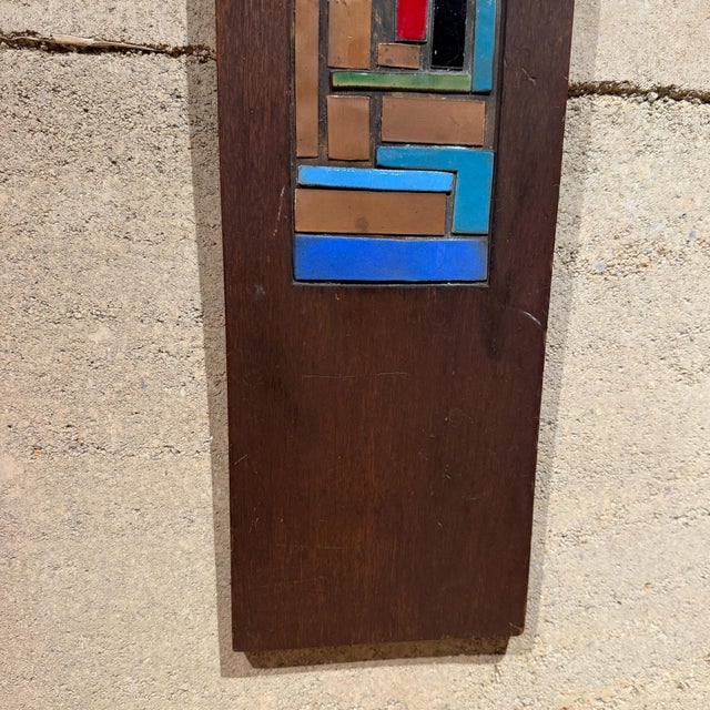 1970s Vertical Wooden Wall Art Colorful Geometric Enamel Copper Inlay For Sale - Image 9 of 10