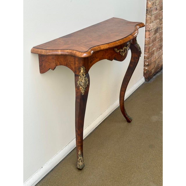 Very Fine Louis XV Burl Walnut Narrow Wall Console /Table , Circa 1880. For Sale - Image 4 of 10