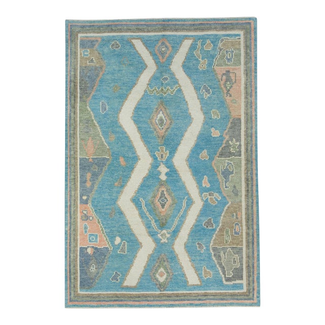 Blue & Green Turkish Oushak Rug 3'11" x 5'11" For Sale