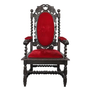 Antique Baroque Carved Wood & Red Velvet Throne Chair For Sale