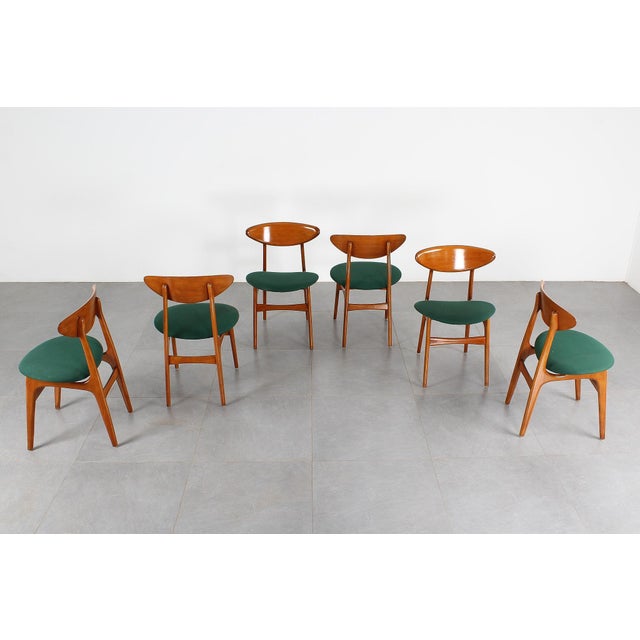 1960s Mid-Century Scandinavian Wood and Green Fabric Chair, 1960s, Set of 6 For Sale - Image 5 of 16