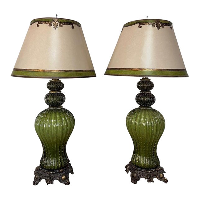 Vintage Murano Glass Table Lamps - Barovier & Toso Style Olive Green - a Pair For Sale