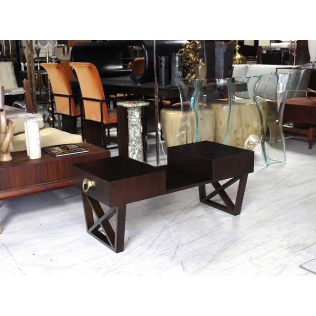 Art Deco Mid-Century Modern X Base coffee side table with two storage side drawers. large round pulls hardware. Refinished...