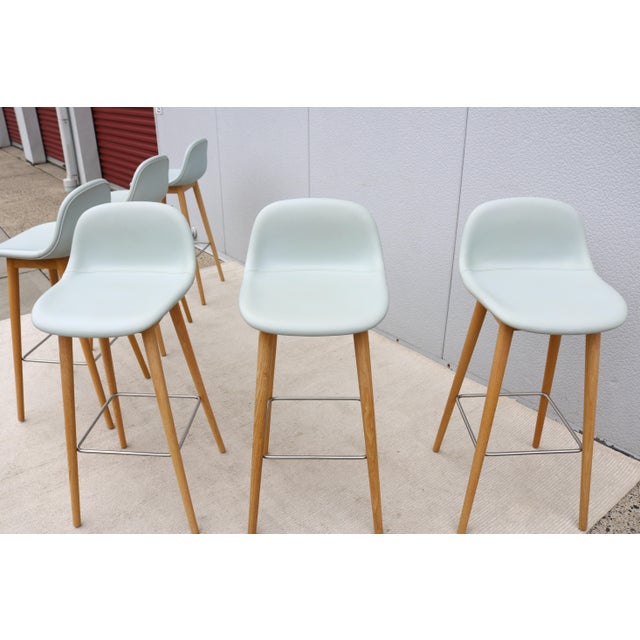 Danish Iskos-Berlin for Muuto Blue Leather Fiber Bar Stools Wood Base - Set of 6 For Sale - Image 13 of 18