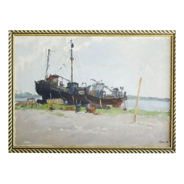 German Dontsov, Ship Repair, 1956, Oil Painting, Framed For Sale