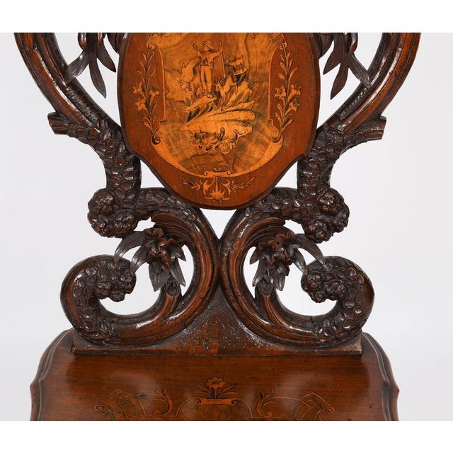 Wood Antique Swiss Walnut Marquetry Inlaid Musical Chair, 19th Century For Sale - Image 7 of 16