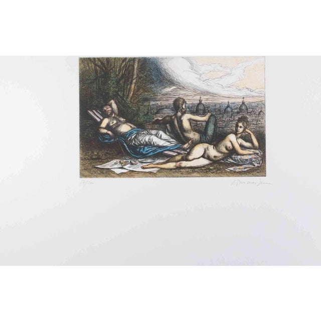 Riccardo Tommasi Ferroni, Relaxing Time with View of Rome, Etching, 1970s For Sale