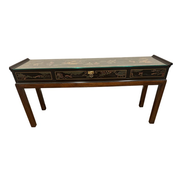 1960s Drexel Heritage Chinoiserie Black Lacquer Console Table | Hand-Painted | Glass Top For Sale