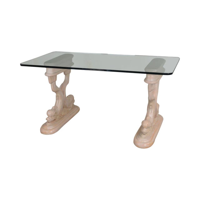 Hollywood Regency Style Vintage Carved Dolphin Base Glass Top Writing Desk For Sale - Image 12 of 12