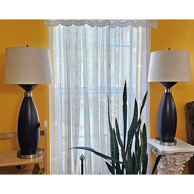 Pair of Contemporary Espresso Wood Hourglass Lamps With Brushed Nickel Accents and Linen Shades For Sale - Image 18 of 18
