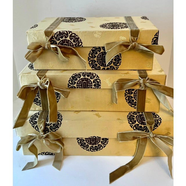 Set of three nesting boxes in Asian Chinese Fabric with symbols for good luck and double happiness. The boxes fit inside...