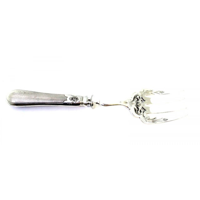 Silver Fish Serving Fork with Reliefs, Engravings, Monogram Card and Guilloche Handle For Sale - Image 3 of 8